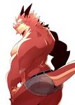  blush butt clothing denim_shorts dragon invalid_color kokuhane male muscular presenting presenting_hindquarters razul scalie shorts solo 