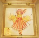  album_cover closed_eyes commentary_request cover flower hair_flower hair_ornament hanada_hyou hieda_no_akyuu japanese_clothes lowres needle papercraft purple_hair rd-sounds short_hair smile solo touhou wooden_box 