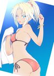  arm_up ass bare_arms bikini blue_eyes blush bracelet breasts cowboy_shot eyebrows_visible_through_hair fate/grand_order fate_(series) from_behind hair_ornament hair_scrunchie halterneck holding jewelry looking_at_viewer medium_breasts mordred_(fate)_(all) mordred_(swimsuit_rider)_(fate) nirap open_mouth ponytail red_bikini red_scrunchie scrunchie side-tie_bikini solo swimsuit white_hair 