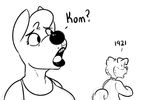  anthro ask_blog canine clothed clothing dialogue dianna_(komponi) duo english_text female greyscale kom komponi male mammal monochrome open_mouth sweat text 