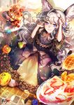  animal_ears blue_eyes blush closed_mouth food frills hairband holding holding_spoon kyjsogom long_hair looking_at_viewer naver_username pancake silver_hair smile solo spoon watermark web_address 