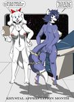  2017 anthro anus big_breasts blue_eyes blue_hair breasts butt canine cocker_spaniel dialogue dipstick_tail dog duo fay_spaniel fox fur hair hair_bow hair_ribbon hand_on_hip hi_res holding_object inside krystal lab_coat looking_at_viewer looking_back mammal mostly_nude multicolored_fur multicolored_tail navel nintendo nipples nude pussy rear_view ribbons spread_butt spreading standing star_fox stethoscope two_tone_fur video_games 