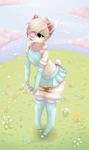  blonde_hair cabbit cat clothing cloud crymore cute dots feline flower fluffy girly gloves hair hill hoodie hybrid lagomorph lashes leggings legwear male mammal nails paws pink_nose plant rabbit single skirt sky skye smile socks solo stockings stripes warmers zipper 