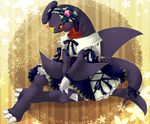  black_sclera blue_dress blush bow claws clothed clothing dragon dress feet full_body garchomp hands_together looking_at_viewer maid_uniform nintendo orange_eyes pok&eacute;mon scalie sitting solo tagme uniform unknown_artist video_games 