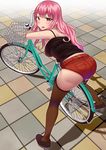 1girl ass bare_shoulders bicycle blush breasts denim denim_shorts huge_ass large_breasts leaning leaning_forward long_hair looking_at_viewer open_mouth pink_hair plump red_eyes sakaura_(layer255) shadow shiny shiny_hair shiny_skin shoes short_shorts shorts sideboob smile solo thighhighs very_long_hair 