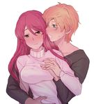  1girl blonde_hair blue_eyes blush breast_grab breasts chuu embarrassed grabbing green_eyes hug hug_from_behind jaune_arc medium_breasts pyrrha_nikos red_hair rwby sweater turtleneck turtleneck_sweater white_sweater 