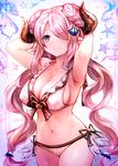  absurdres armpits arms_behind_head arms_up bikini blue_eyes blush breasts clam cleavage commentary_request double_bun draph frilled_bikini_top frills granblue_fantasy hair_ornament hair_over_one_eye hairclip highres hips horns large_breasts long_hair narmaya_(granblue_fantasy) navel pink_hair pointy_ears side-tie_bottom sidelocks smile solo sparkle starfish sukemyon swimsuit thighs very_long_hair white_bikini 