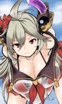  ahoge bangs bikini bikini_under_clothes blue_sky breasts cleavage cloud cloudy_sky collarbone day draph ewokakuman flower granblue_fantasy grey_hair hair_flower hair_ornament horns large_breasts leaning_forward long_hair looking_at_viewer neckerchief off_shoulder outdoors red_bikini red_eyes red_flower red_neckwear red_skirt sailor_collar sailor_shirt see-through shirt skirt sky solo swimsuit thalatha_(granblue_fantasy) wet wet_clothes 