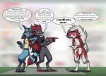  anthro blue_fur canine claws english_text fur humor lucario lycanroc mammal midnight_lycanroc nintendo pointing pok&eacute;mon red_eyes red_fur shocked sreddyswag_(artist) text the_truth video_games wolf zoroark 