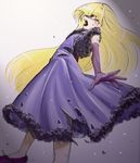  blonde_hair dress elbow_gloves fur_jacket fur_trim gloves graphite_(medium) gravity_falls light_particles long_hair looking_up marker_(medium) melon_(melon_cream_soda) open_mouth pacifica_northwest purple_dress purple_gloves red_eyes rubble solo torn_clothes torn_dress traditional_media very_long_hair 