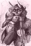  2017 anthro blueabyss breasts female greyscale hair hand_on_breast hi_res long_hair looking_at_viewer mammal monochrome nipples nude portrait raccoon smile solo three-quarter_portrait tracy_(sailoranna) 