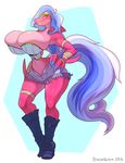  anthro big_breasts boots breasts bustier clothing corona_grille dieselbrain eyewear female fish footwear goggles hair hand_on_hip hi_res huge_breasts long_hair marine midriff multicolored_hair navel shark sharp_nails shorts small_waist solo standing teeth wide_hips yellow_eyes 