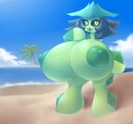  2017 beach big_breasts black_hair black_sclera breast_expansion breasts cacturne elfdrago eyelashes flora_fauna hair hi_res huge_breasts humanoid hyper hyper_breasts nintendo nipples nora not_furry nude plant pok&eacute;mon pok&eacute;morph seaside smile solo video_games water yellow_eyes 