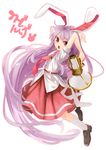  absurdly_long_hair animal_ears blush_stickers bunny_ears character_name highres jumping lavender_hair long_hair looking_at_viewer lunatic_gun necktie purple_hair red_eyes reisen_udongein_inaba skirt suna_(s73d) touhou very_long_hair white_background 