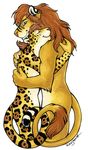  anthro blue_eyes brown_hair claws duo entwined_tails eyes_closed eyewear feline female fur glasses hair hug inner_ear_fluff jaguar lion male mammal nude size_difference smile spots spotted_fur tail_tuft tuft xianjaguar 