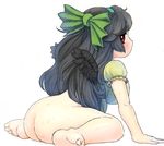  arm_support ass bare_arms bare_legs barefoot bird_wings black_hair black_wings blouse blush bottomless bow bright_background commentary_request eyebrows_visible_through_hair feathered_wings feet from_side full_body green_bow hair_bow hairband leaning_forward looking_at_viewer mini_wings no_mouth puffy_short_sleeves puffy_sleeves red_eyes reiuji_utsuho short_sleeves sideways_glance simple_background sitting soles solo sweat thick_eyebrows touhou wariza white_background wings yonaki 