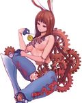  android animal_ears breasts brown_eyes brown_hair bunny_ears cracked_skin damaged doll_joints gears invisible_chair iwagami karakuri_puppet large_breasts long_hair nude original pocket_watch sitting solo watch white_background 