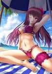  ;) absurdres anklet arm_behind_head armpits baerun beach bikini breasts cleavage cloud cloudy_sky day fate/grand_order fate_(series) floating_hair flower hair_flower hair_ornament highres jewelry large_breasts long_hair navel ocean one_eye_closed outdoors palm_tree parted_lips purple_bikini purple_flower purple_hair red_eyes scathach_(fate)_(all) scathach_(swimsuit_assassin)_(fate) sideboob sky smile solo striped swimsuit thigh_strap tree underboob very_long_hair 