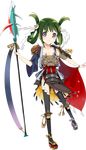  black_legwear breasts cleavage flat_chest floral_print full_body green_hair holding holding_spear holding_weapon iwateyama_(oshiro_project) kamaboko_red mismatched_sleeves official_art oshiro_project oshiro_project_re polearm purple_eyes smile solo spear thighhighs transparent_background twintails weapon 
