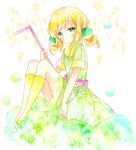  :o bad_id bad_pixiv_id blonde_hair blush boots bow collared_dress commentary dress drinking_straw eyebrows_visible_through_hair food food_themed_hair_ornament fruit green_dress green_eyes hair_ornament head_tilt highres holding knee_boots lime_(fruit) long_hair looking_at_viewer original oversized_object parted_lips pink_bow short_sleeves sitting sleeves_folded_up solo star striped tsukiyo_(skymint) twintails vertical-striped_dress vertical_stripes water_drop yellow_footwear 