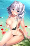  :d arm_support bangs bikini black_bikini blue_eyes blush breasts collarbone day eyebrows_visible_through_hair flower from_above hair_between_eyes highres kantai_collection kashima_(kantai_collection) large_breasts long_hair looking_at_viewer looking_up micro_bikini navel nironiro open_mouth outdoors partially_submerged petals shiny shiny_skin side-tie_bikini sidelocks silver_hair sitting smile solo swimsuit thighs tongue tsurime twintails wavy_hair wet 