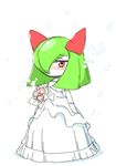  1girl blush bouquet bow dress eyebrows_visible_through_hair flower full_body gloves green_hair hair_over_one_eye half-closed_eyes jpeg_artifacts kirlia looking_at_viewer mizone no_humans petals pink_flower pokemon pokemon_(creature) pokemon_rse red_eyes simple_background solo standing strapless strapless_dress wedding_dress white_background white_bow white_dress white_gloves 