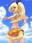  :d ass awa bikini blonde_hair blush cloud copyright_name day dog_tail from_behind glasses hair_ribbon long_hair looking_at_viewer looking_back open_mouth outdoors outstretched_arms retoree ribbon show_by_rock!! sky smile solo spread_arms swimsuit tail twintails yellow_eyes 