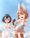  :d animal_ears blush bow bowtie commentary_request elbow_gloves embarrassed fur_collar gloves high-waist_skirt kaban_(kemono_friends) kemono_friends kuro_(baseball0000) leaning_forward multiple_girls naked_towel nose_blush open_mouth panties panty_pull serval_(kemono_friends) serval_ears serval_print serval_tail shirt short_hair skirt sleeveless sleeveless_shirt smile striped_tail sweat tail towel underwear undressing 