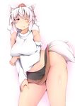  :3 animal_ears bare_shoulders breasts eyebrows_visible_through_hair fang hand_on_hip hat highres hips inubashiri_momiji large_breasts light_smile looking_at_viewer one_eye_closed pink_eyes shishi_juuroku short_hair solo tail thick_eyebrows tokin_hat touhou white_hair wolf_ears wolf_tail 