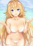  anza_tomo bangs bare_shoulders bikini blonde_hair blue_eyes blue_sky blush breasts cleavage collarbone day fate/apocrypha fate_(series) hands_up hips jeanne_d'arc_(fate) jeanne_d'arc_(fate)_(all) large_breasts long_hair looking_at_viewer navel open_mouth outdoors outstretched_wrists sky smile solo swimsuit thighs very_long_hair w_arms white_bikini 