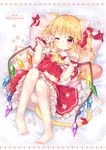 ;o animal_ears ascot barefoot bed_sheet blonde_hair bloomers blush cat_ears cat_tail circle_name commentary_request crystal diagonal_stripes eyebrows_visible_through_hair flandre_scarlet flower frilled_ascot frilled_shirt_collar frills full_body hair_ribbon heart kemonomimi_mode knees_up long_hair looking_at_viewer lying mimi_(mimi_puru) no_hat no_headwear on_back one_eye_closed paw_pose paw_print pigeon-toed pillow puffy_short_sleeves puffy_sleeves red_eyes red_ribbon ribbon short_sleeves side_ponytail skirt skirt_set solo striped tail tail_ribbon touhou underwear wings wrist_cuffs yellow_neckwear 