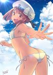  :d artist_name ass bikini bow brown_eyes clothes_writing cloud cloudy_sky dated day flat_chest from_behind hat kantai_collection open_mouth sailor_bikini sailor_collar sailor_hat short_hair side-tie_bikini sky smile solo striped striped_bow swimsuit teeth white_bikini white_hat white_sailor_collar yumi_yumi z3_max_schultz_(kantai_collection) 
