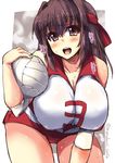  bangs breasts brown_eyes brown_hair cleavage cowboy_shot elbow_pads girls_und_panzer headband holding kondou_taeko large_breasts leaning_forward looking_at_viewer open_mouth red_headband red_shirt red_shorts shinshin shirt short_hair short_shorts shorts sketch sleeveless sleeveless_shirt smile solo sportswear standing sweat twitter_username volleyball volleyball_uniform 