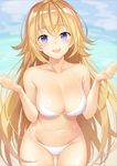  anza_tomo bangs bare_shoulders bikini blonde_hair blue_eyes blue_sky blush breasts cleavage collarbone commentary_request day fate/apocrypha fate_(series) hands_up hips jeanne_d'arc_(fate) jeanne_d'arc_(fate)_(all) large_breasts long_hair looking_at_viewer navel open_mouth outdoors outstretched_wrists shiny shiny_skin sky smile solo swimsuit thigh_gap thighs very_long_hair w_arms white_bikini 