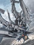  aqua_eyes aqua_hair armor cloud condensation_trail elbow_gloves falling from_above gloves highres horizon long_hair looking_at_viewer mecha_musume original outstretched_arm personification railgun sky tom-neko_(zamudo_akiyuki) tower x-02_wyvern 