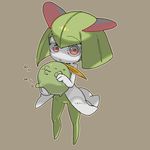  1girl artist_request brown_background eyebrows_visible_through_hair full_body green_hair gulpin hands_up kirlia legs_apart looking_at_viewer pokemon pokemon_(creature) pokemon_rse red_eyes simple_background standing text translation_request 