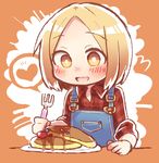  blonde_hair blush fate/grand_order fate_(series) food fork happy heart highres nose_blush open_mouth overalls pancake paul_bunyan_(fate/grand_order) plaid plaid_shirt shirt short_hair sleeves_rolled_up smile solo spoken_heart wadante yellow_eyes 