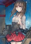  2017 artist_name asdj bangs bike_shorts brown_eyes brown_hair commentary covered_nipples cowboy_shot empty_eyes flat_chest flight_deck hair_between_eyes headband headgear highres kantai_collection long_hair long_sleeves machinery muneate parted_lips pleated_skirt rain red_skirt rigging see-through see-through_silhouette shirt skirt solo taihou_(kantai_collection) tsurime turret wet wet_clothes wet_hair wet_shirt 