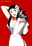  90s arm_up bangs blue_eyes dress earrings flower giant_robo ginrei_(giant_robo) gloves green_hair gun hair_flower hair_ornament hand_behind_head handgun highres holding holding_gun holding_weapon jewelry kubooka_toshiyuki long_hair necklace official_art open_mouth page_number red_background side_slit sidelocks simple_background solo strapless strapless_dress swept_bangs weapon white_dress white_gloves 
