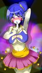  1girl armpit ballerina ballora big_breasts blue_hair blush bra breasts earrings finger_to_mouth five_nights_at_freddy&#039;s five_nights_at_freddy&#039;s:_sister_location hand_on_head hand_up looking_at_viewer necklace purple_eyes robot smile tutu 