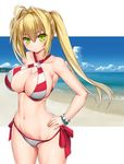  absurdres ahoge alternate_hairstyle asamura_hiori bangs beach bikini blonde_hair blush breasts cleavage closed_mouth collarbone commentary_request cowboy_shot criss-cross_halter day eyebrows_visible_through_hair fate/grand_order fate_(series) green_eyes hair_between_eyes hair_intakes halter_top halterneck hand_on_hip highres large_breasts long_hair looking_at_viewer navel nero_claudius_(fate)_(all) nero_claudius_(swimsuit_caster)_(fate) ocean side-tie_bikini sidelocks smile solo swimsuit thighs tsurime twintails white_bikini 