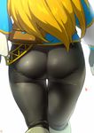  1girl ass blonde_hair fingerless_gloves from_behind gloves head_out_of_frame heart long_hair pants princess_zelda shiny shiny_clothes shiny_hair shiroinuchikusyo skin_tight solo the_legend_of_zelda the_legend_of_zelda:_breath_of_the_wild tight tight_pants very_long_hair 