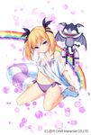  bangs bare_legs bat_wings bikini blonde_hair blue_footwear blush boots bow breasts casper_(deathsmiles) commentary creature deathsmiles eyebrows_visible_through_hair gothic_wa_mahou_otome hair_bow highres jenevan looking_at_another off_shoulder pout purple_bikini purple_eyes rainbow see-through shirt shirt_pull sitting small_breasts swimsuit twintails water_gun watermark wet wet_clothes wet_shirt white_background wings 