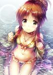  bangs bikini blush brown_eyes brown_hair flat_chest highres idolmaster idolmaster_cinderella_girls jewelry lens_flare looking_at_viewer ment navel necklace ocean smile swimsuit takamori_aiko wet 