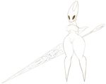  arthropod bottomless breasts cape clitoral_hood cloak clothed clothing empty_eyes female hollow_knight hollow_knight_(species) hornet_(hollow_knight) humanoid insect jessijinx melee_weapon needle plump_labia pussy sketch solo standing thick_thighs video_games weapon 