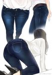  all_fours ama_mitsuki arms_behind_back ass black_hair contrapposto denim dutch_angle foreshortening from_behind high_heels jeans long_hair long_sleeves multiple_views original own_hands_together pants ribbed_shirt shirt simple_background standing strappy_heels white_background 