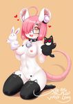  anthro blush breasts clothing collar eyewear female glasses kneeling legwear looking_at_viewer mammal mouse nipples open_mouth rodent smile solo teenager thigh_highs wolflong young 