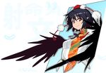  bangs bird_wings black_hair black_ribbon black_wings breasts character_name collared_shirt commentary_request from_side hat leaf-pattern_stripe looking_at_viewer looking_to_the_side medium_breasts neck_ribbon pointy_ears pom_pom_(clothes) red_eyes ribbon shameimaru_aya shirt short_hair smile solo taketora_suzume tokin_hat touhou upper_body white_shirt wings 