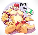  1up 1up_mushroom 2017 5_fingers abstract_background anthro balls bowser bracelet circumcised collar cum cumshot ejaculation erection eyes_closed front_view hair hi_res humanoid_penis jewelry kneeling male mario_bros mushroom navel nintendo nipples orgasm penis pubes red_hair sharp_teeth sleepymute solo spiked_bracelet spiked_collar spikes teeth text vein veiny_penis video_games 