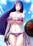  bikini blush breasts cleavage cloud collarbone cowboy_shot day eyepatch_bikini fate/grand_order fate_(series) groin highres huge_breasts ibara_azuki long_hair looking_at_viewer low-tied_long_hair minamoto_no_raikou_(fate/grand_order) minamoto_no_raikou_(swimsuit_lancer)_(fate) navel outdoors purple_bikini purple_eyes purple_hair side-tie_bikini sky smile solo swimsuit very_long_hair 